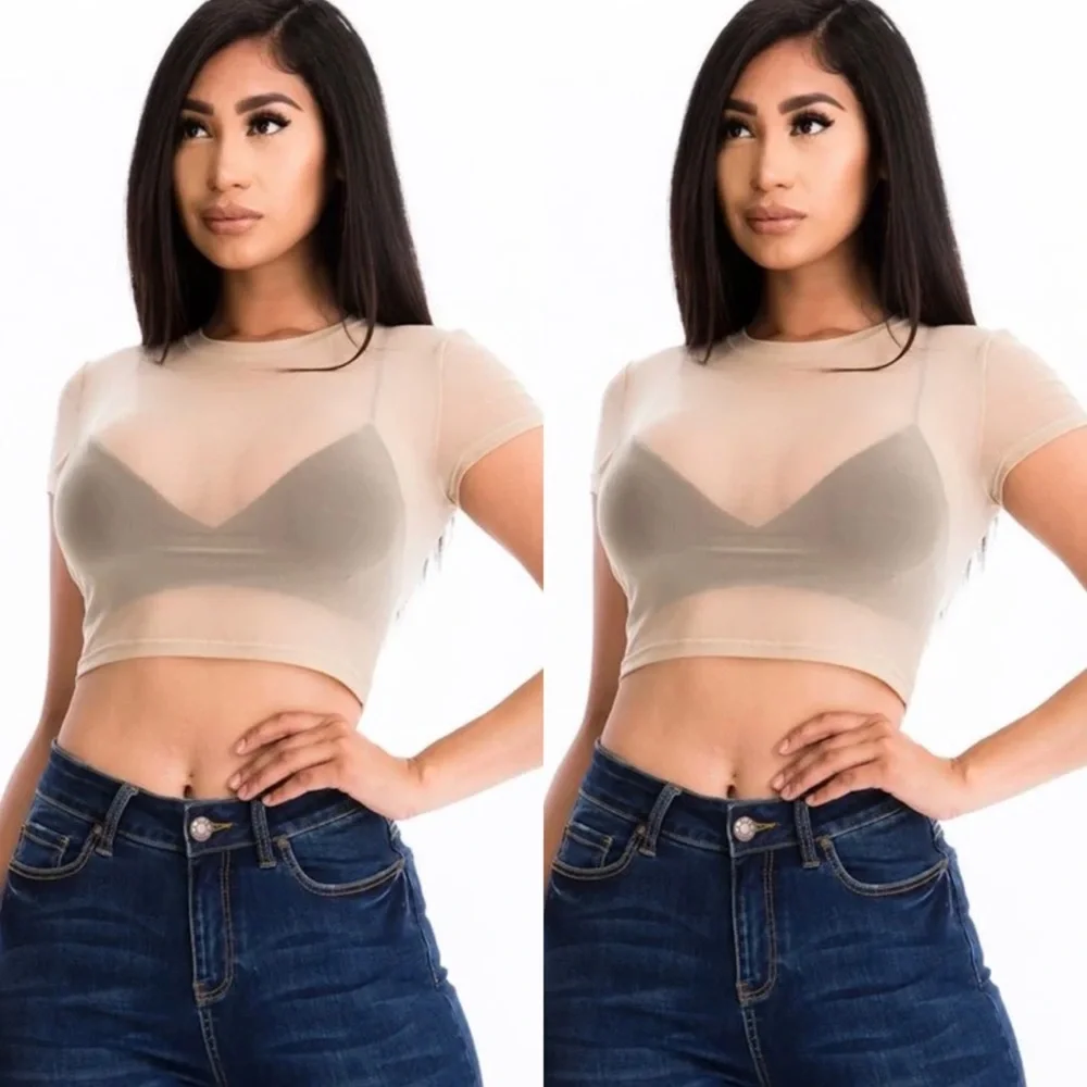 NEW ON TREND KHAKI CROPPED TOP SHORT SLEEVE SHEER MESH SHIRT - Picture 1 of 2